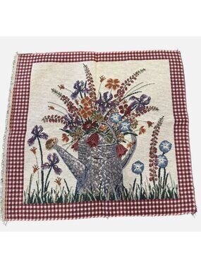 Woven Tapestry Pillow Panel Watering Can Floral Folk Art 18 Inch DIY Crafting